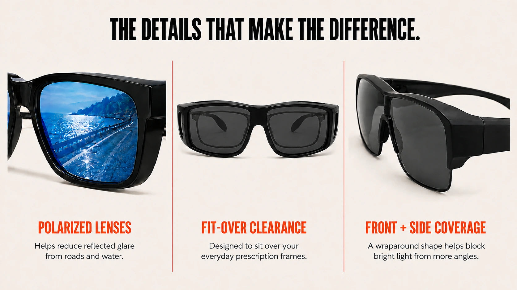 OVERO polarized lenses, fit-over clearance and side coverage
